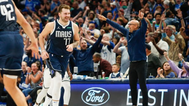 Luka Doncic smiles after nailing a crazy game-winning shot vs. the Brooklyn Nets.